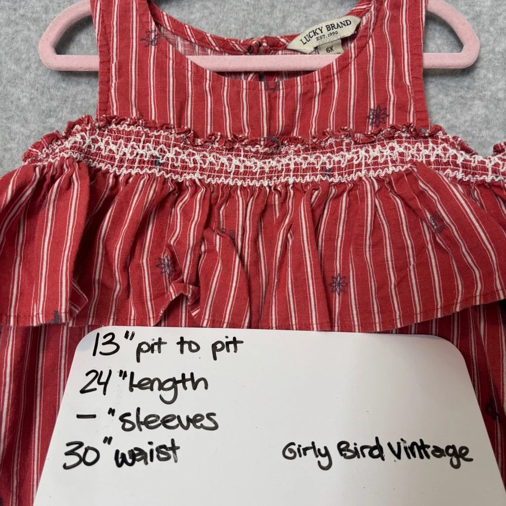 Lucky Brand Girls 6X Ruffle Dress Red White Striped Western Smocked Sundress‎